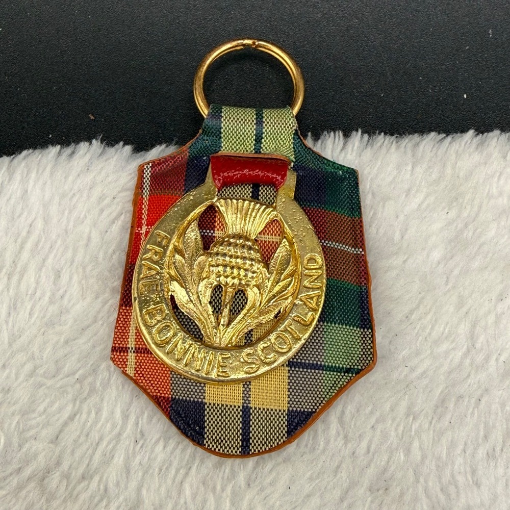 Vintage Farae Bonnie Scotland Key Chain Multi Color Plaid Thistle Keychain